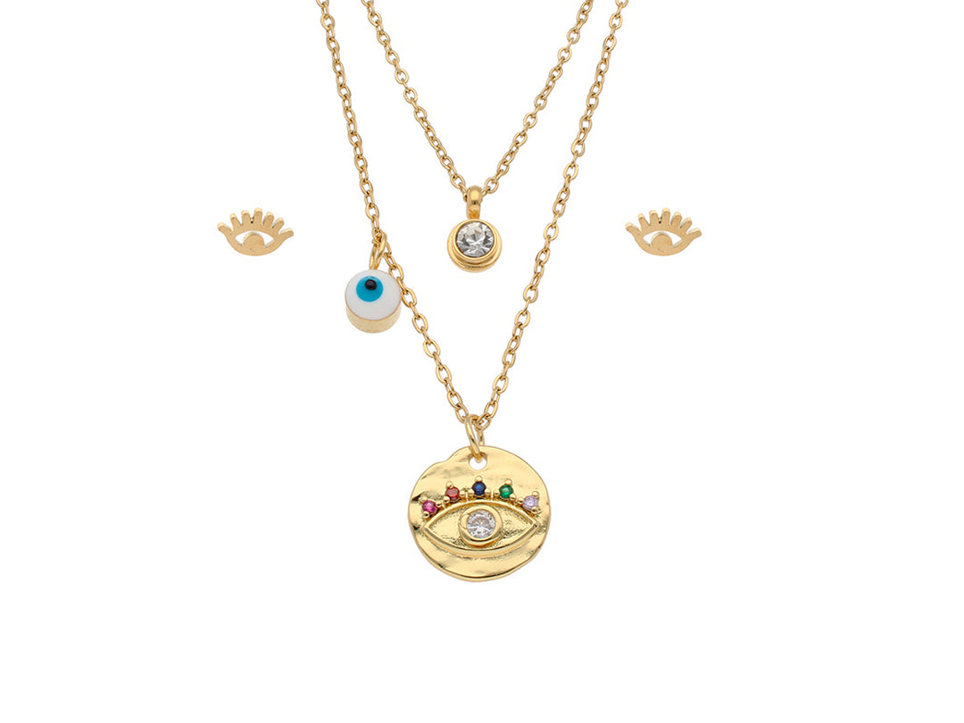 Conjunto de joyería en color oro con collares y aretes con diseño de ojo y piedras coloridas.