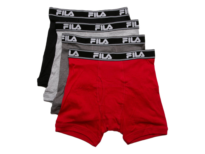 Paquete de cuatro bóxers FILA en colores negro, gris claro, gris oscuro y rojo.