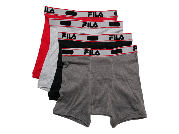 Set de cuatro calzoncillos bóxer FILA en colores rojo, gris claro, negro y gris oscuro con banda elástica logotipada.