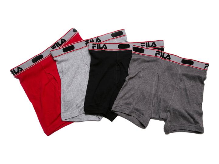 Set de cuatro calzoncillos bóxer FILA en colores rojo, gris claro, negro y gris oscuro con banda elástica logotipada.