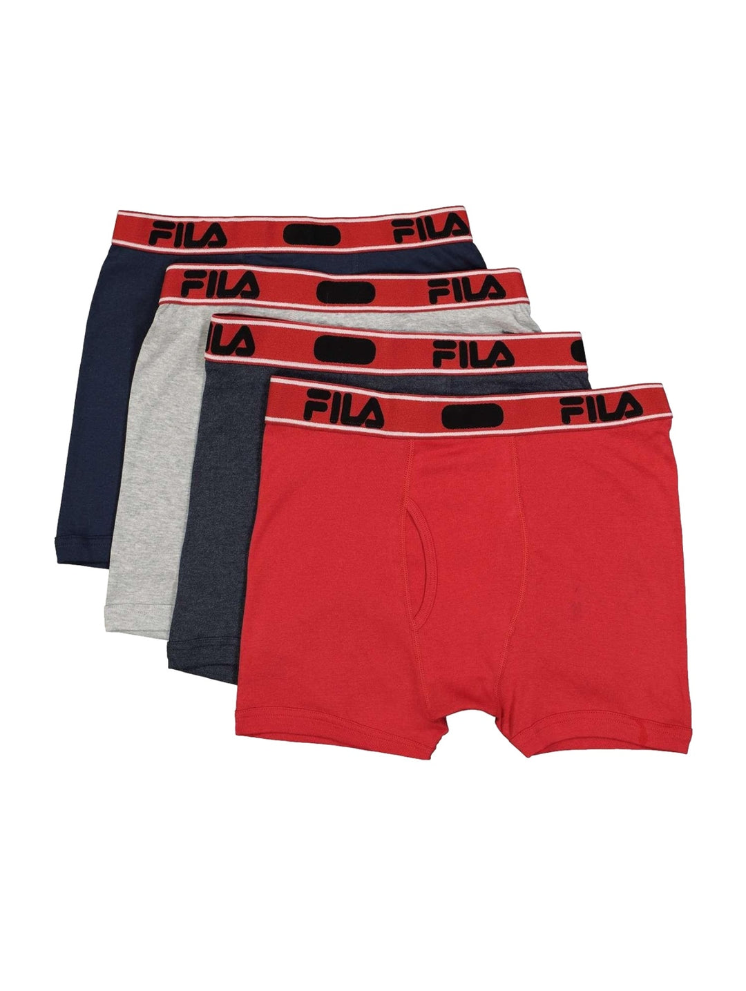 Paquete de cuatro calzoncillos bóxer FILA en colores azul, gris, gris oscuro y rojo con cintura elástica.