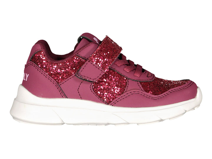 Tenis deportivos Charly color morado con detalles brillantes y suela blanca.