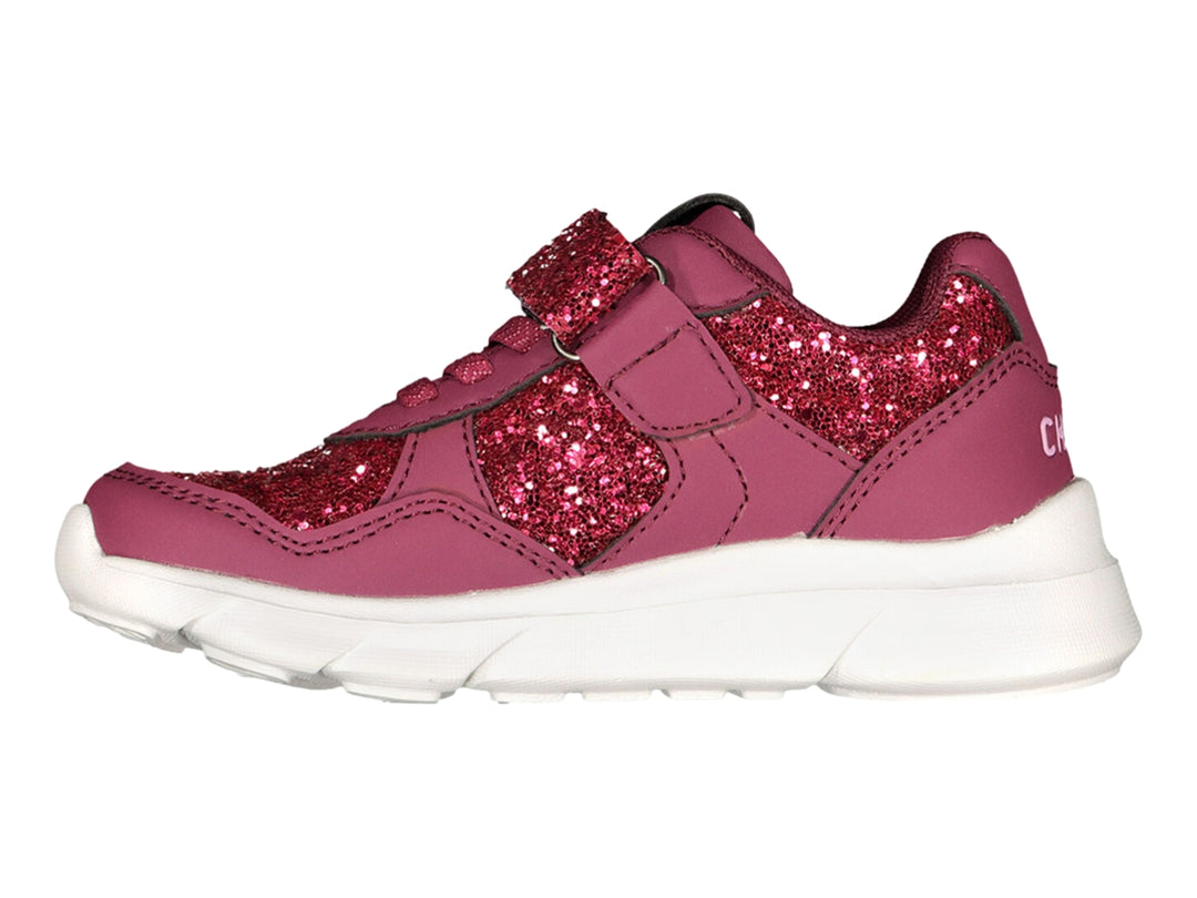 Tenis deportivos Charly color morado con detalles brillantes y suela blanca.