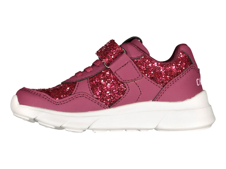 Tenis deportivos Charly color morado con detalles brillantes y suela blanca.