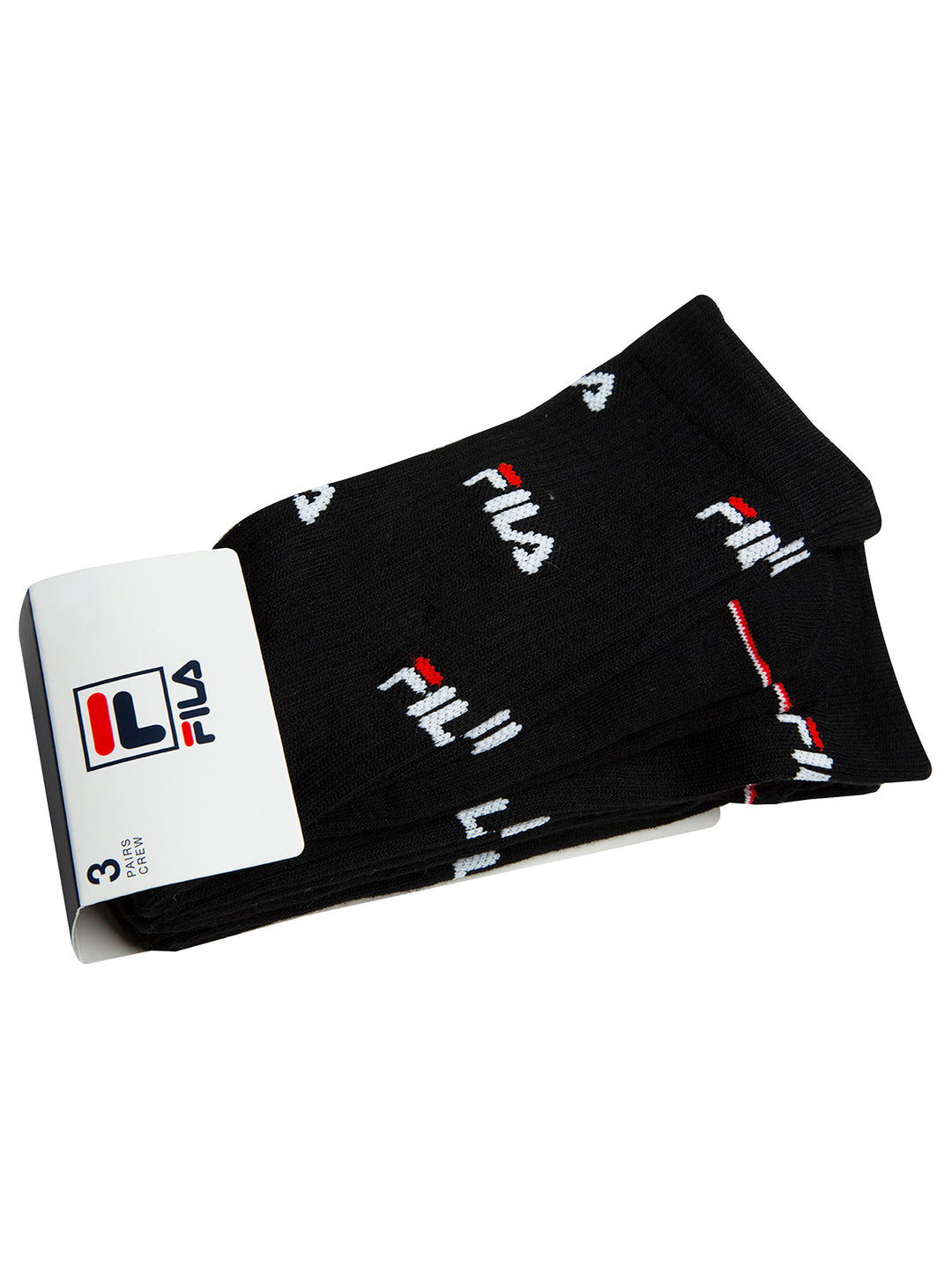 Paquete de 3 pares de calcetines negros FILA con estampado de logos en blanco y rojo.
