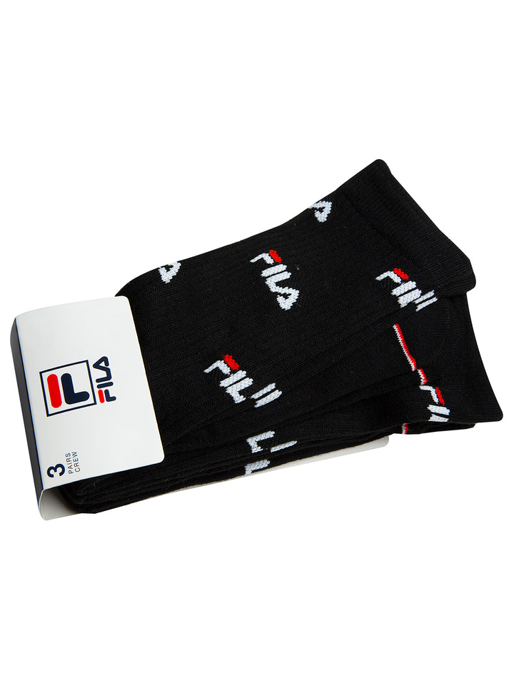 Paquete de 3 pares de calcetines negros FILA con estampado de logos en blanco y rojo.