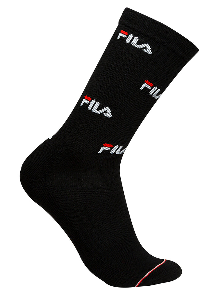 Paquete de 3 pares de calcetines negros FILA con estampado de logos en blanco y rojo.