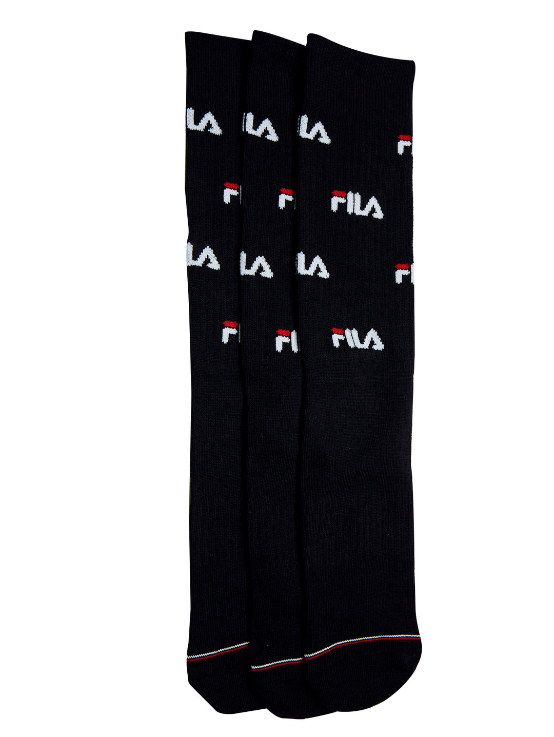Paquete de 3 pares de calcetines negros FILA con estampado de logos en blanco y rojo.