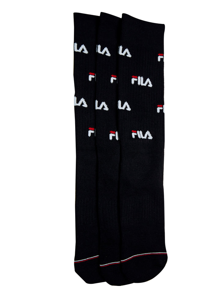 Paquete de 3 pares de calcetines negros FILA con estampado de logos en blanco y rojo.
