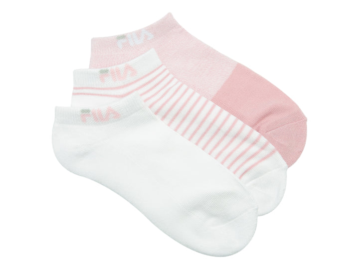 Paquete de tres pares de calcetines cortos FILA en colores rosa, blanco y con rayas rosas y blancas.