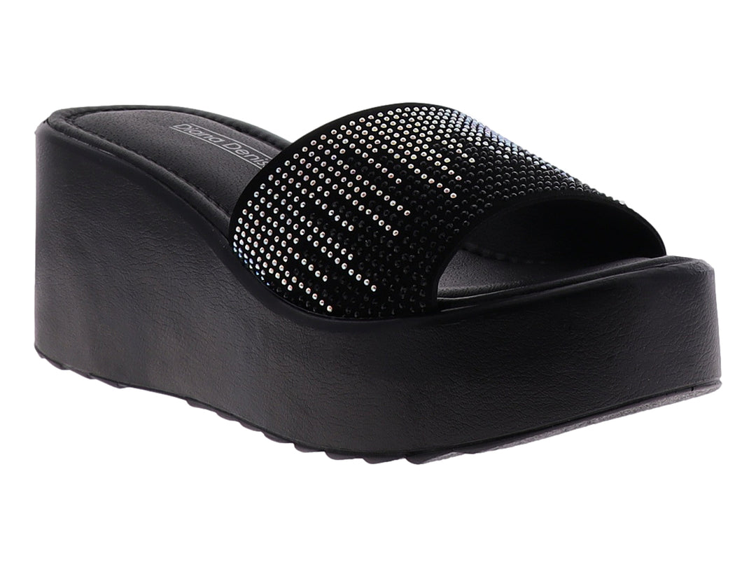 Sandalia negra de plataforma con tira superior decorada con brillantes plateados para mujer.