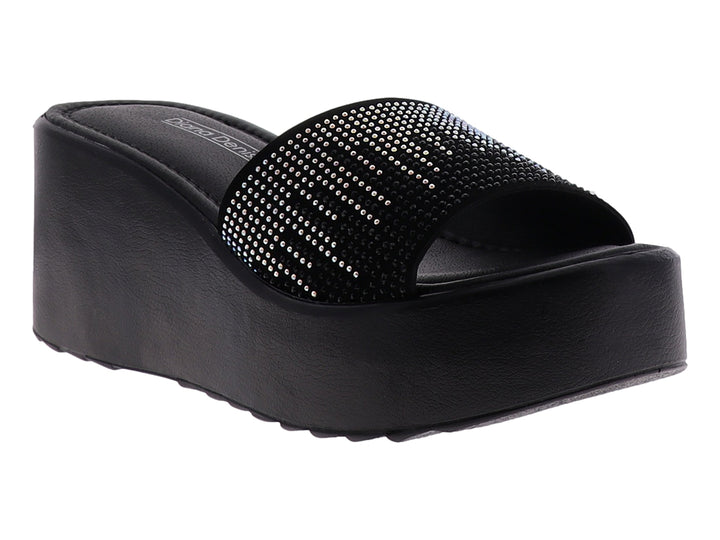 Sandalia negra de plataforma con tira superior decorada con brillantes plateados para mujer.