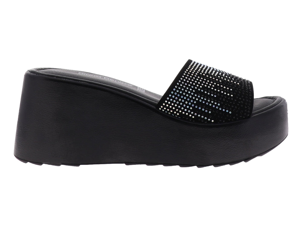 Sandalia negra de plataforma con tira superior decorada con brillantes plateados para mujer.