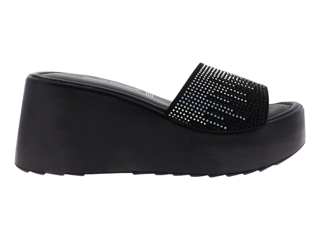 Sandalia negra de plataforma con tira superior decorada con brillantes plateados para mujer.