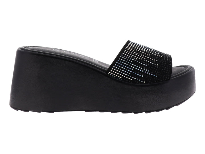 Sandalia negra de plataforma con tira superior decorada con brillantes plateados para mujer.