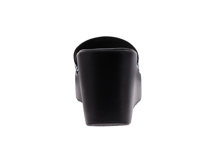 Sandalia negra de plataforma con tira superior decorada con brillantes plateados para mujer.