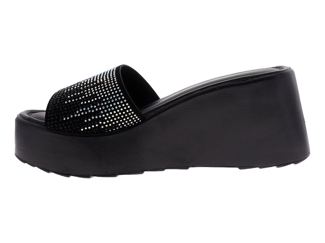 Sandalia negra de plataforma con tira superior decorada con brillantes plateados para mujer.