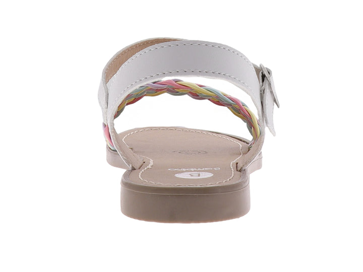 Sandalia infantil plana con tira trenzada multicolor y correa blanca con hebilla.