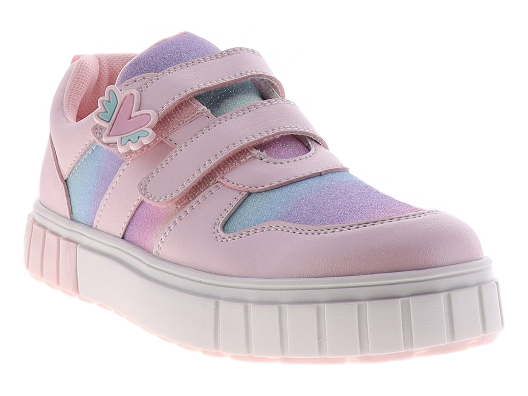 Tenis infantiles color rosa con detalles iridiscentes, cierre de velcro y suela blanca gruesa.