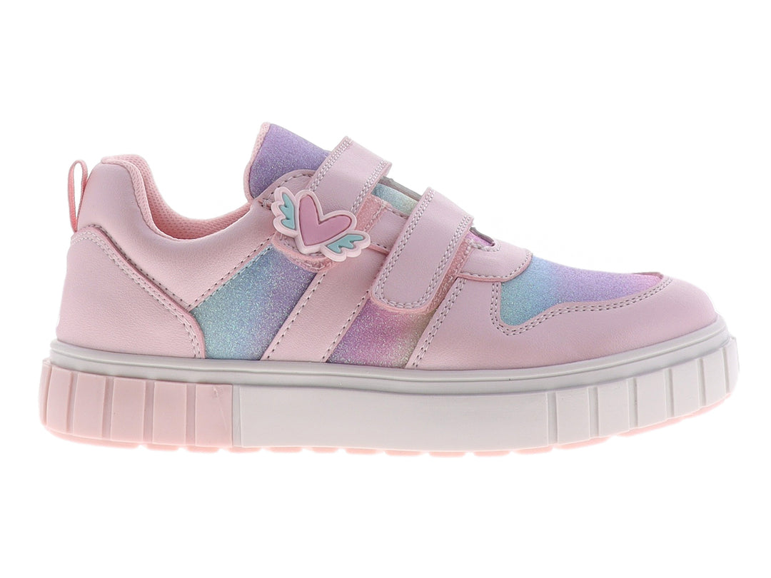 Tenis infantiles color rosa con detalles iridiscentes, cierre de velcro y suela blanca gruesa.