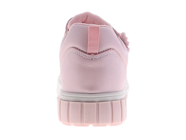 Tenis infantiles color rosa con detalles iridiscentes, cierre de velcro y suela blanca gruesa.