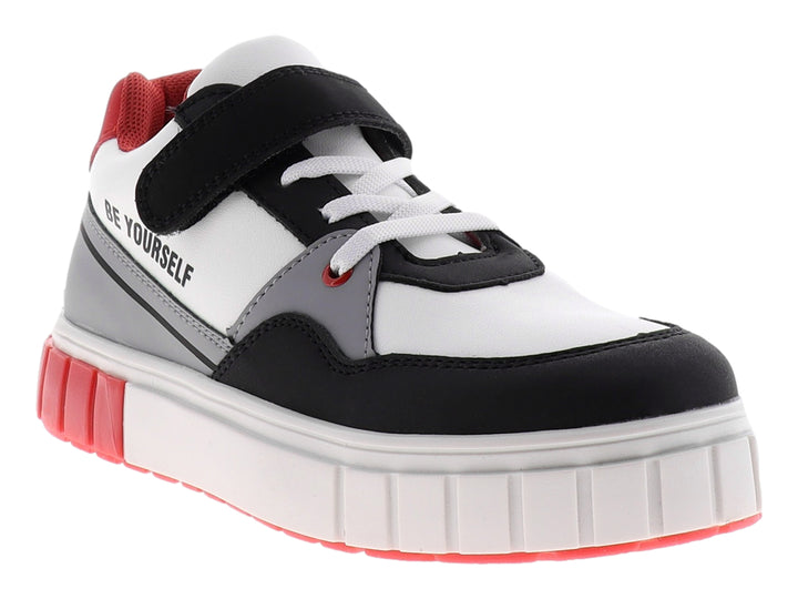 Tenis infantiles Teen Bambino en colores blanco, negro y rojo con suela de plataforma blanca y cierre de velcro.