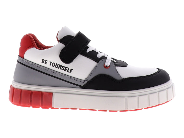 Tenis infantiles Teen Bambino en colores blanco, negro y rojo con suela de plataforma blanca y cierre de velcro.