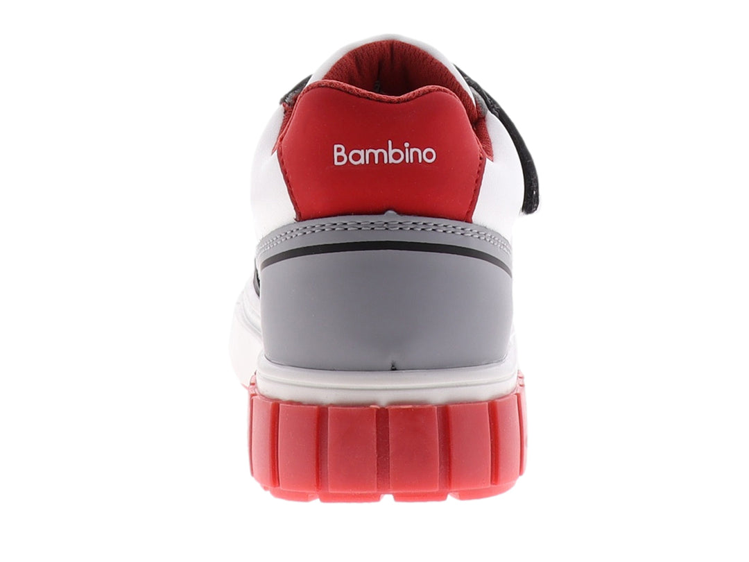 Tenis infantiles Teen Bambino en colores blanco, negro y rojo con suela de plataforma blanca y cierre de velcro.