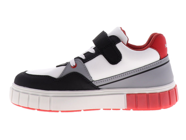 Tenis infantiles Teen Bambino en colores blanco, negro y rojo con suela de plataforma blanca y cierre de velcro.