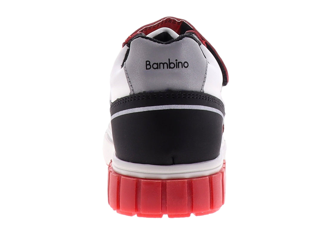 Tenis infantiles en colores rojo, blanco y negro con correa de velcro y suela blanca robusta.
