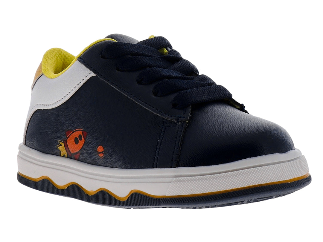 Tenis infantiles color azul marino con suela blanca y detalles en amarillo.