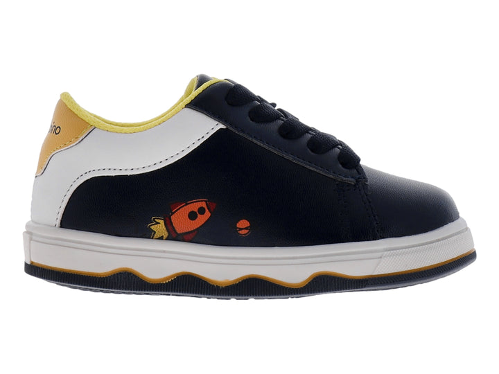 Tenis infantiles color azul marino con suela blanca y detalles en amarillo.