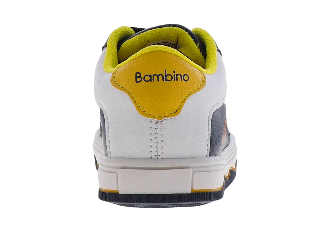 Tenis infantiles color azul marino con suela blanca y detalles en amarillo.