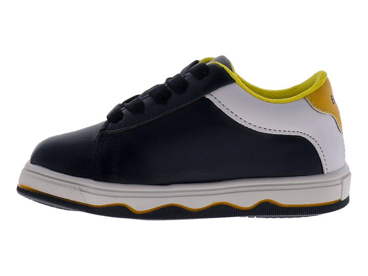 Tenis infantiles color azul marino con suela blanca y detalles en amarillo.