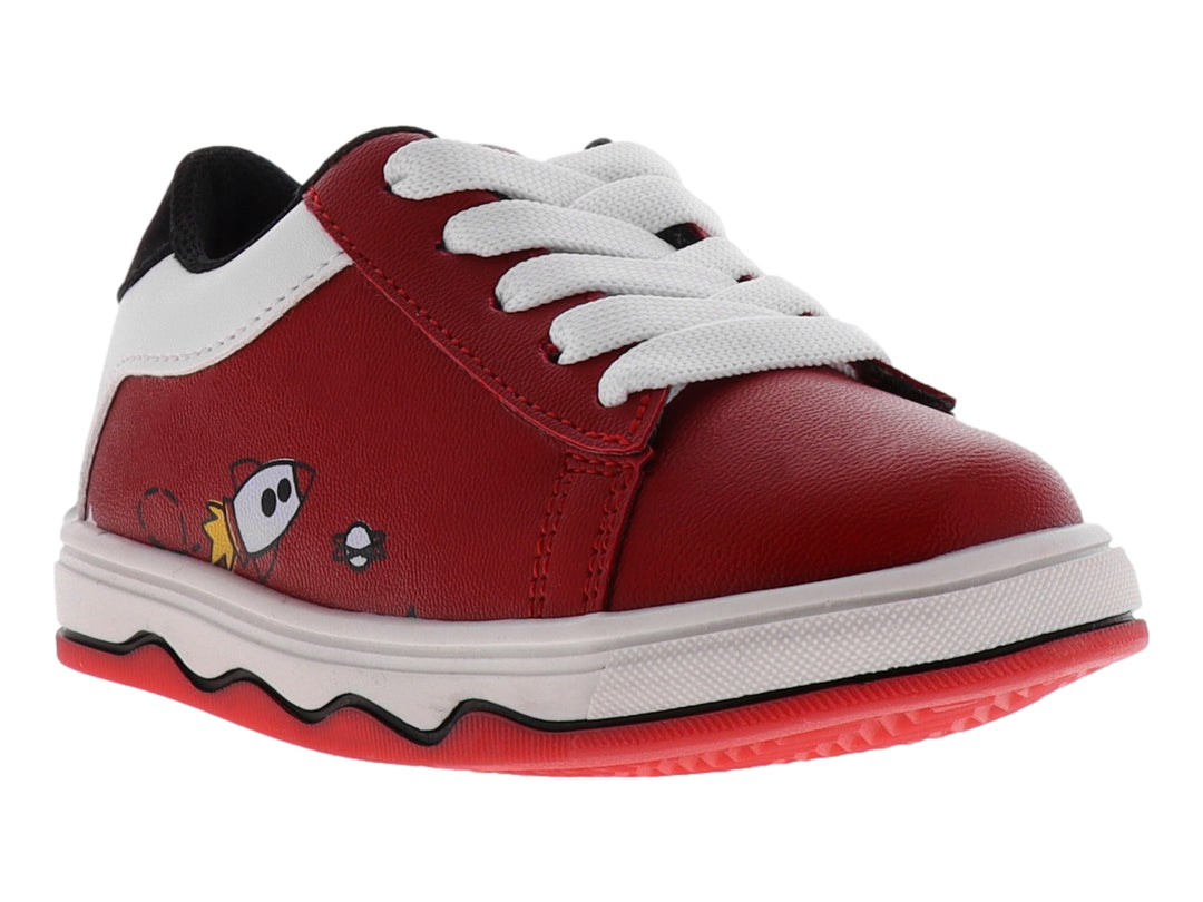 Tenis infantiles color rojo con detalles en blanco y suela ondulada.