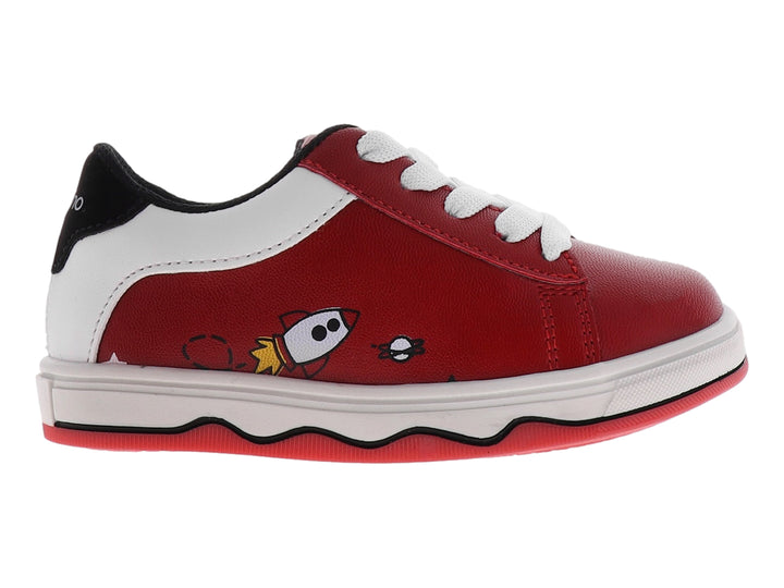 Tenis infantiles color rojo con detalles en blanco y suela ondulada.