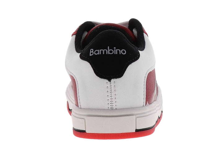 Tenis infantiles color rojo con detalles en blanco y suela ondulada.