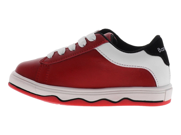 Tenis infantiles color rojo con detalles en blanco y suela ondulada.