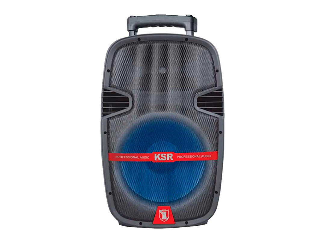 Bocina amplificada Kaiser Mitzu color negro con iluminación LED azul y asa superior.