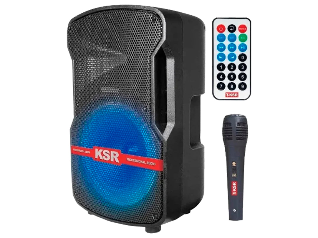 Bocina negra Kaiser Mitzu con luz LED azul, incluye micrófono alámbrico y control remoto.