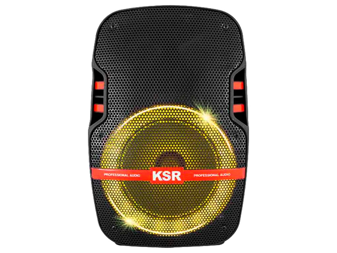 Bocina Kaiser Mitzu color negro con rejilla frontal y anillo de luz LED amarillo brillante.