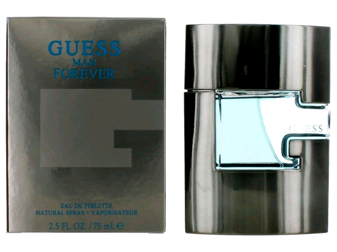 Perfume Guess Man Forever de 75 ml con botella cilíndrica plateada y caja gris oscuro.