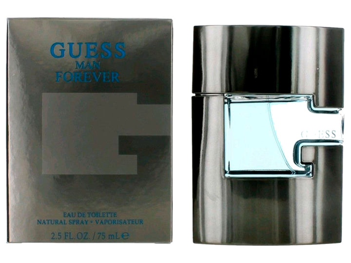 Perfume Guess Man Forever de 75 ml con botella cilíndrica plateada y caja gris oscuro.
