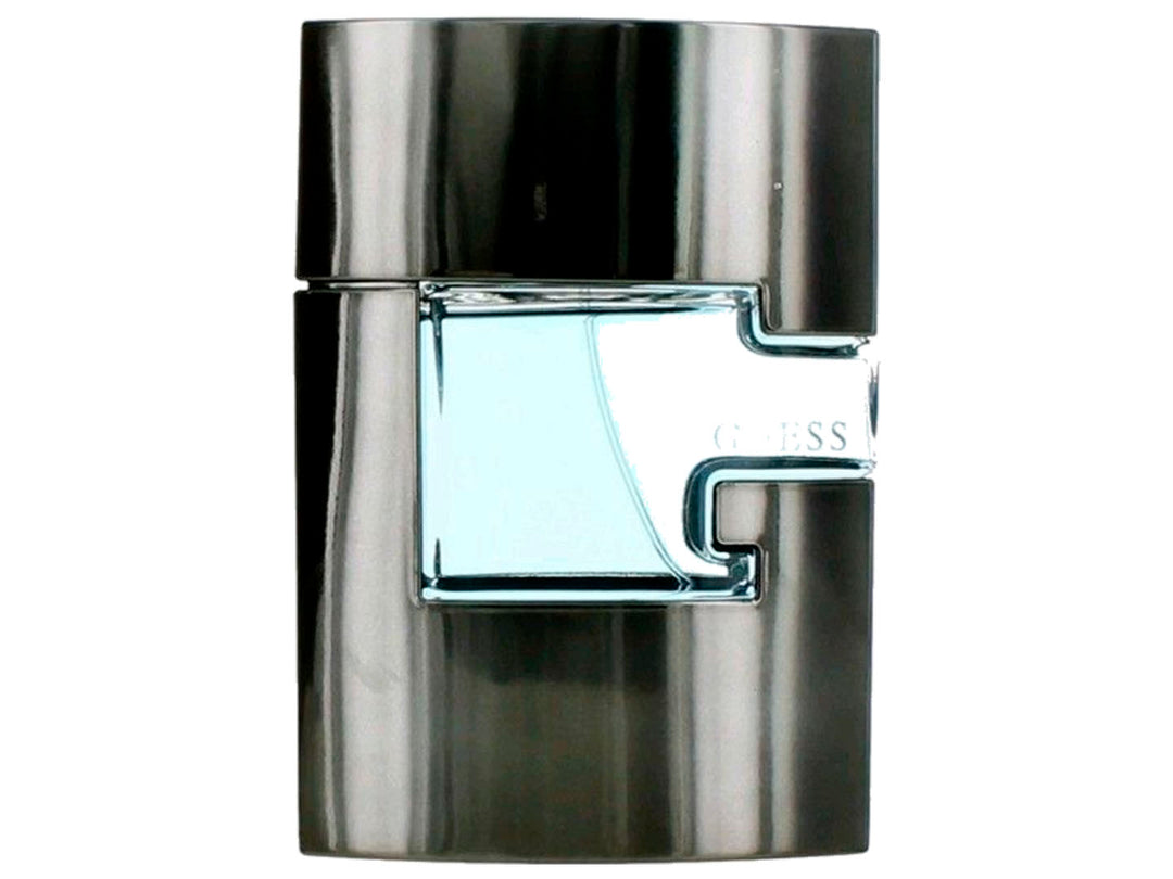 Perfume Guess Man Forever de 75 ml con botella cilíndrica plateada y caja gris oscuro.