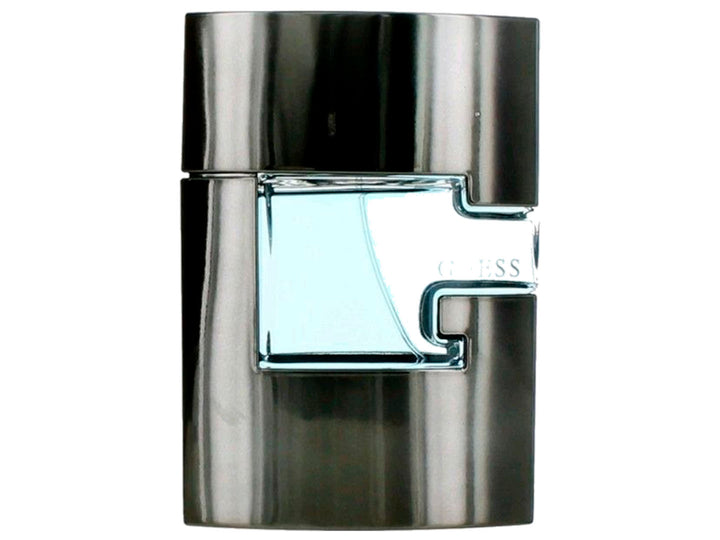 Perfume Guess Man Forever de 75 ml con botella cilíndrica plateada y caja gris oscuro.