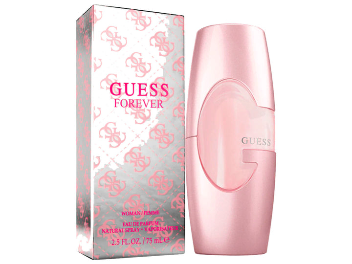 Perfume Guess Forever para mujer en botella y caja de color rosa brillante.