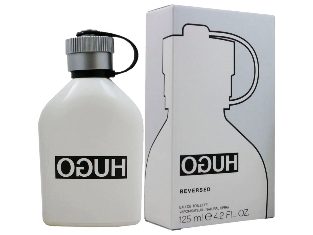 Perfume Hugo Boss Reversed de 125 ml en frasco blanco mate con tapa gris y su caja blanca a juego.