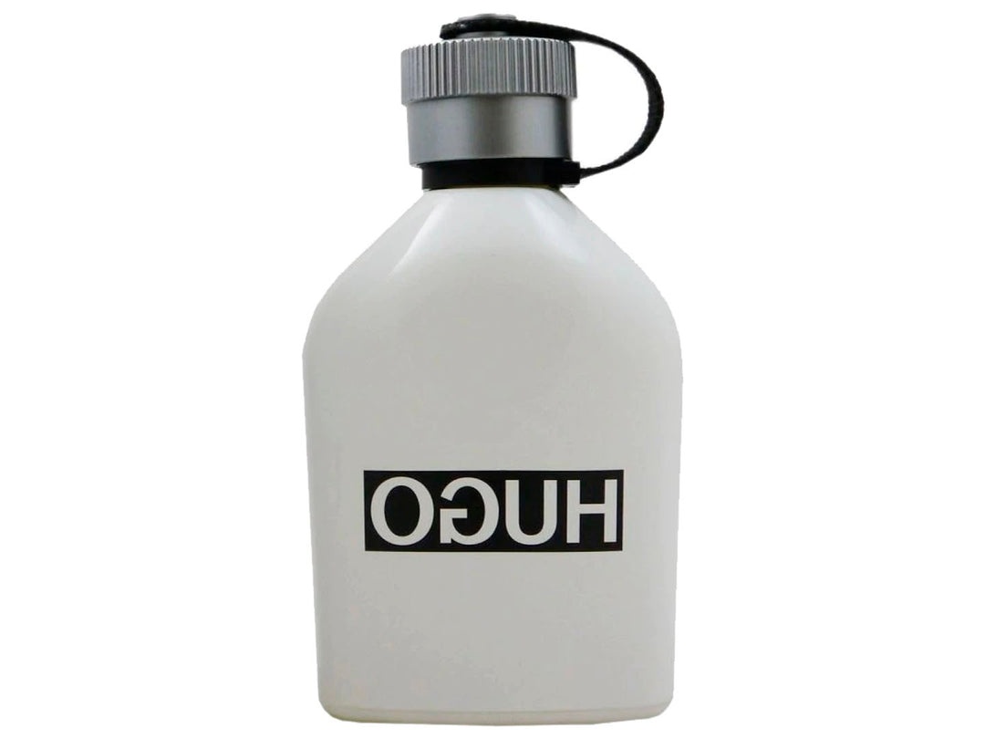 Perfume Hugo Boss Reversed de 125 ml en frasco blanco mate con tapa gris y su caja blanca a juego.