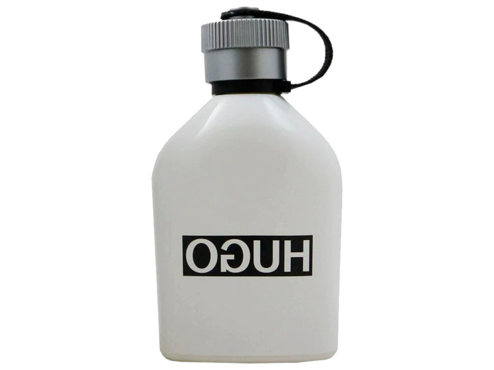 Perfume Hugo Boss Reversed de 125 ml en frasco blanco mate con tapa gris y su caja blanca a juego.