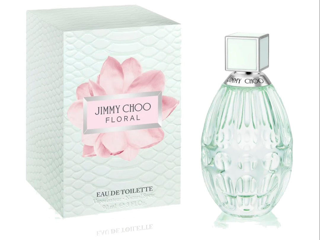Perfume Jimmy Choo Floral de 90ml Eau de Toilette con su caja blanca y rosa y frasco de vidrio ovalado.